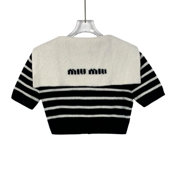 Miu Miu Striped Collar Knit Cardigan Sweater Black & White Short Sleeve Button F - Picture 2 of 8